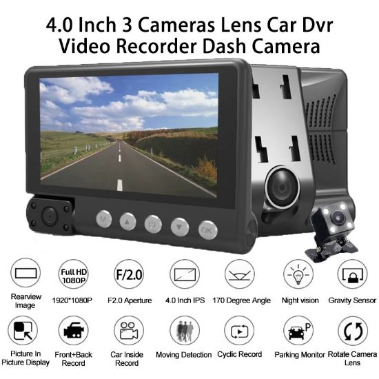 Picture of 4 Inches Touch Screen Car Video Recorder Dash Cam Box IPS 1080P HD Car Mirror Recorder DVR 3 Lens Dash Camera Cars Camcorder