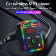 Picture of Rotatable FM Transmitter Car Wireless Handsfree U Disk MP3 Player Colorful Atmosphere Light Type C Dual USB 3.1A Fast Charger