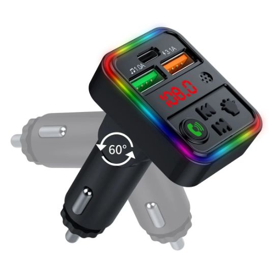 Picture of Rotatable FM Transmitter Car Wireless Handsfree U Disk MP3 Player Colorful Atmosphere Light Type C Dual USB 3.1A Fast Charger